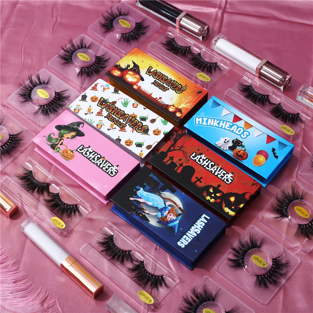 

New eyelash length beautiful makeup party vendor supply charming 3d false lashes and colorful Halloween eyelash boxes
