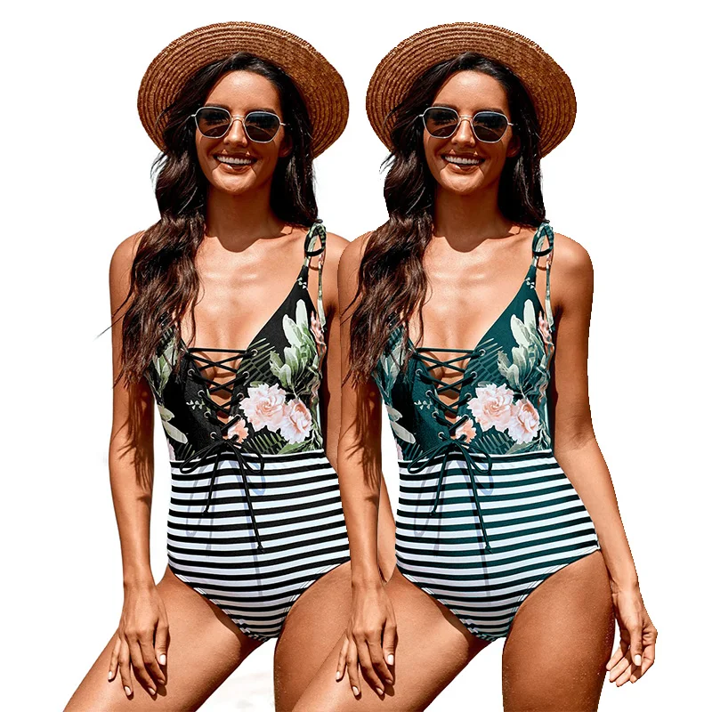 

Wholesale New Arrival Floral Print Striped Lace Up One Piece Swimwear Women Sexy Swimsuit