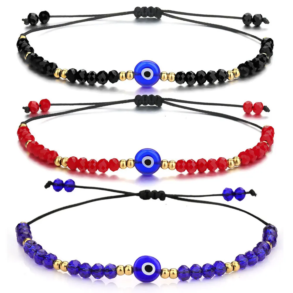 

Amazon Hot Selling Crystal Glass Evils Eye Beads Braided Bracelet Resizable Stainless Steel Evil Eyes Beaded Bracelet for Women