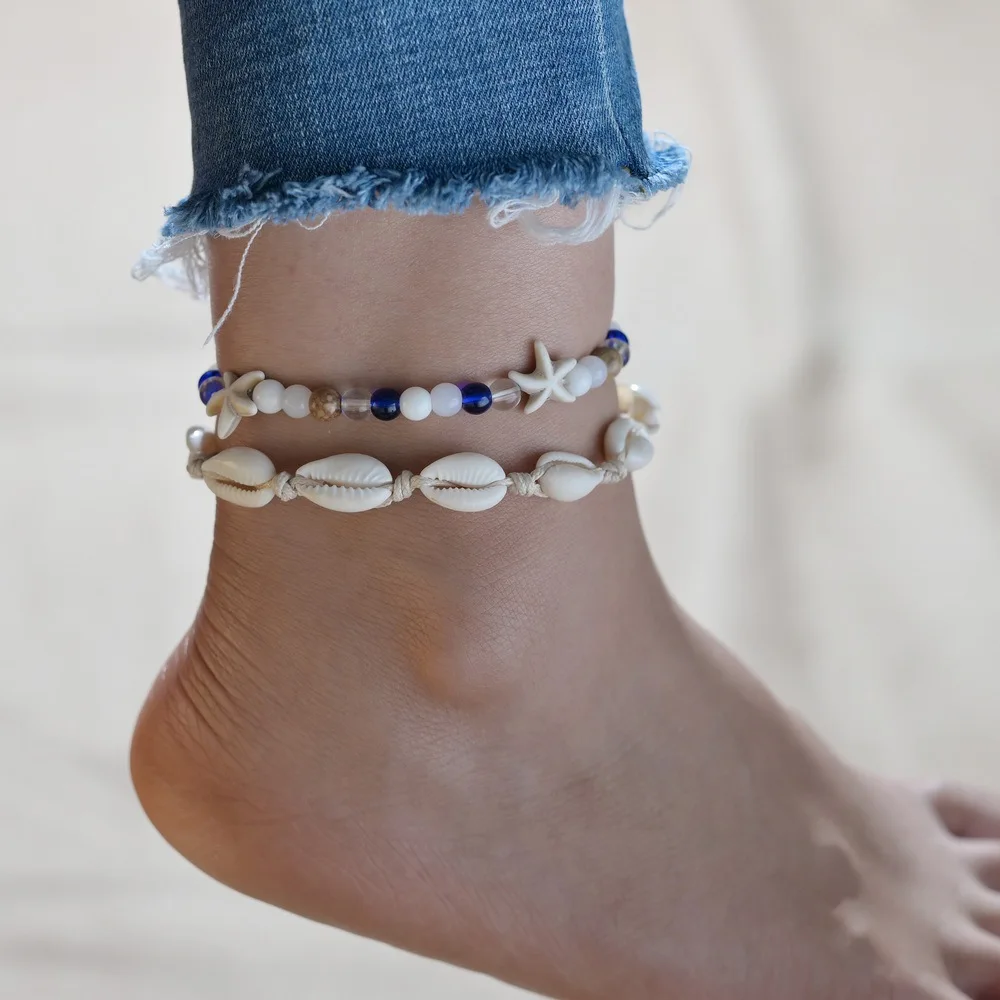 

Shangjie OEM tobilleras boho Hand-woven starfish shell color turquoise 2 piece anklets