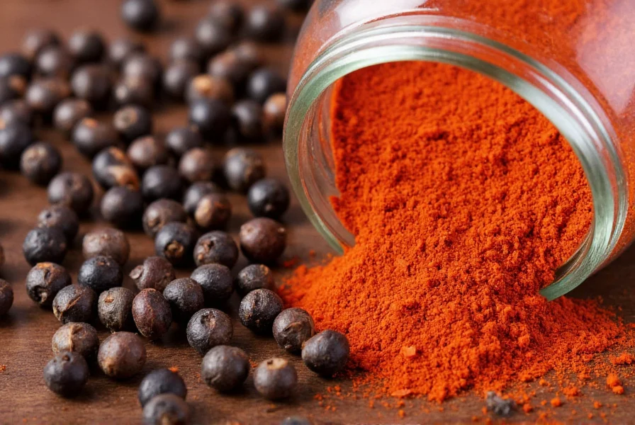 Close-up of cayenne pepper in spice jar next to black peppercorns for visual comparison