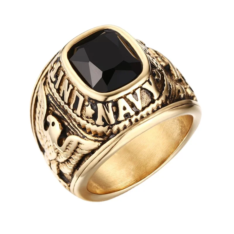 

POYA United States Navy Rings Stainless Steel Gold Plated Black Green And Red CZ Stone US