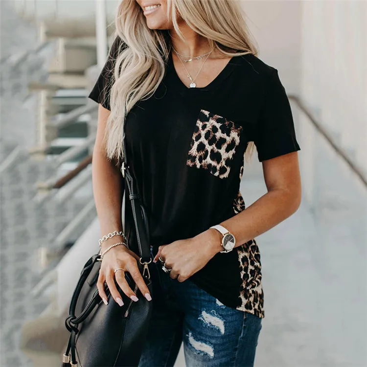 

Wholesale 2021 Leopard Printed Splicing Short Sleeve Splicing Women T-shirts Tee