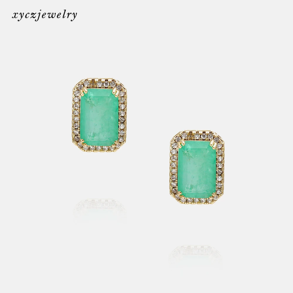 

2021 new fashion ladies green fusion rectangle stud zircon earrings, Blue