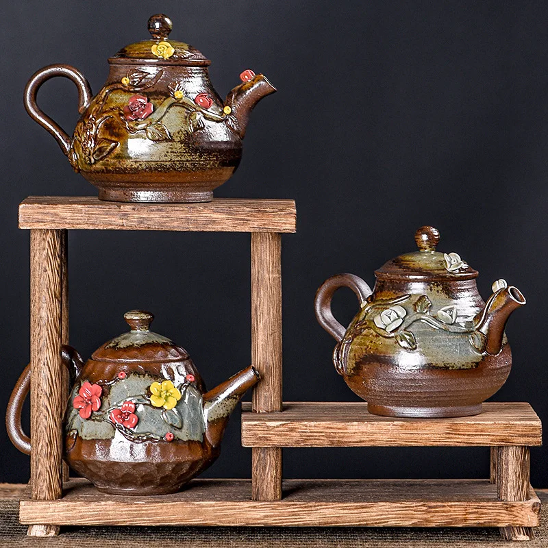 Japanese Handmade Wood-fired Flower Teapot Retro Kiln-turned Teapot Kiln-turned Ceramic Pot Kung Fu Tea Kettle