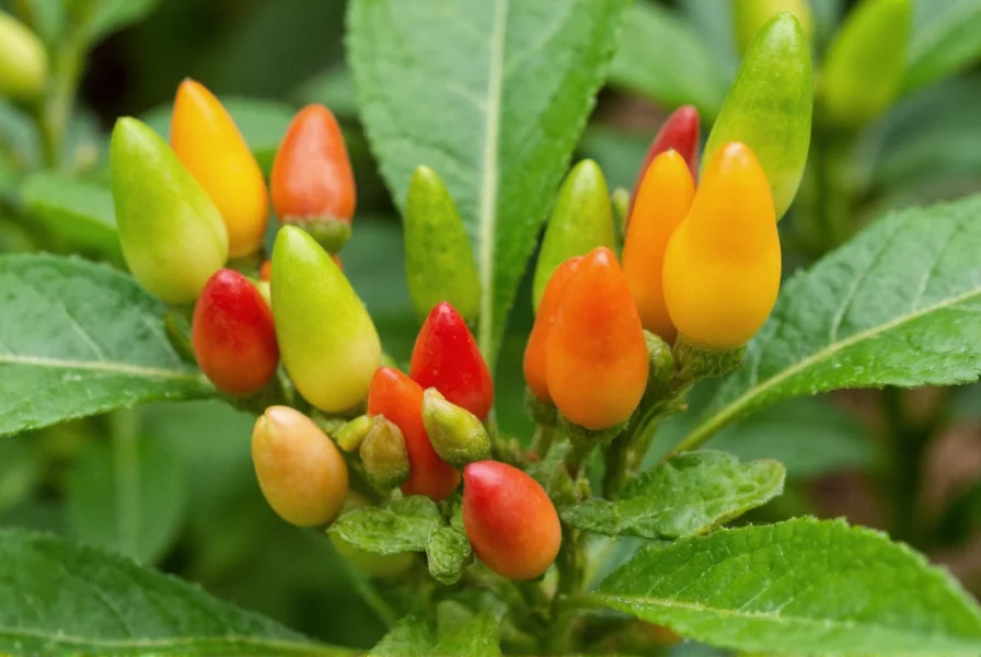 Close-up of Chinese five color pepper plant in a garden setting showing multiple color stages on one plant