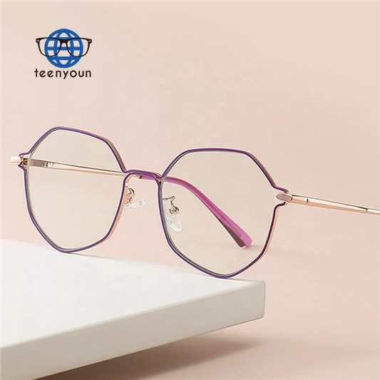 

Teenyoun Eyewear Anti Blue Light River Oculos Famous Brand Custom Logo Glasses Irregular Polygon Metal Frame Eyeglasses