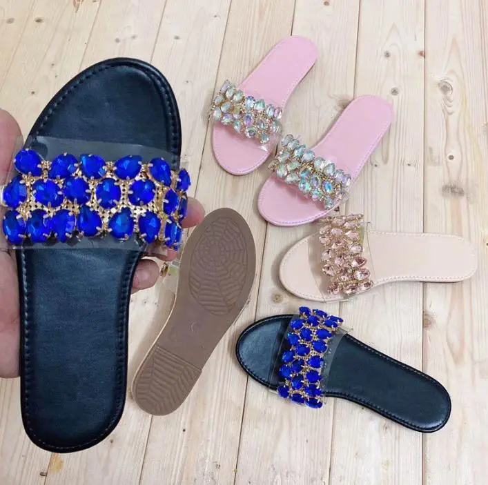

2021 new style rhinestone European and American casual flat-bottomed women's slippers women's sandals