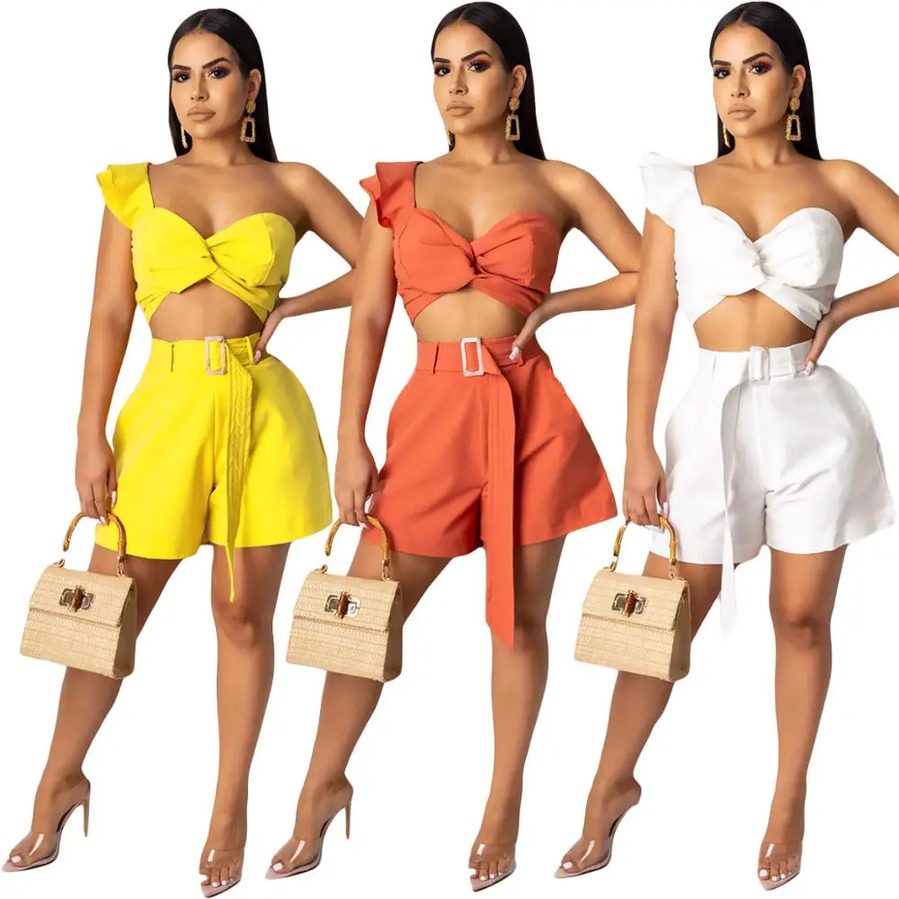 

Summer Sexy Solid Color Ladies Shorts And Club Clothing Ruffle Crop Top Blouse 2-Piece Set For Women 2021, 2 colors