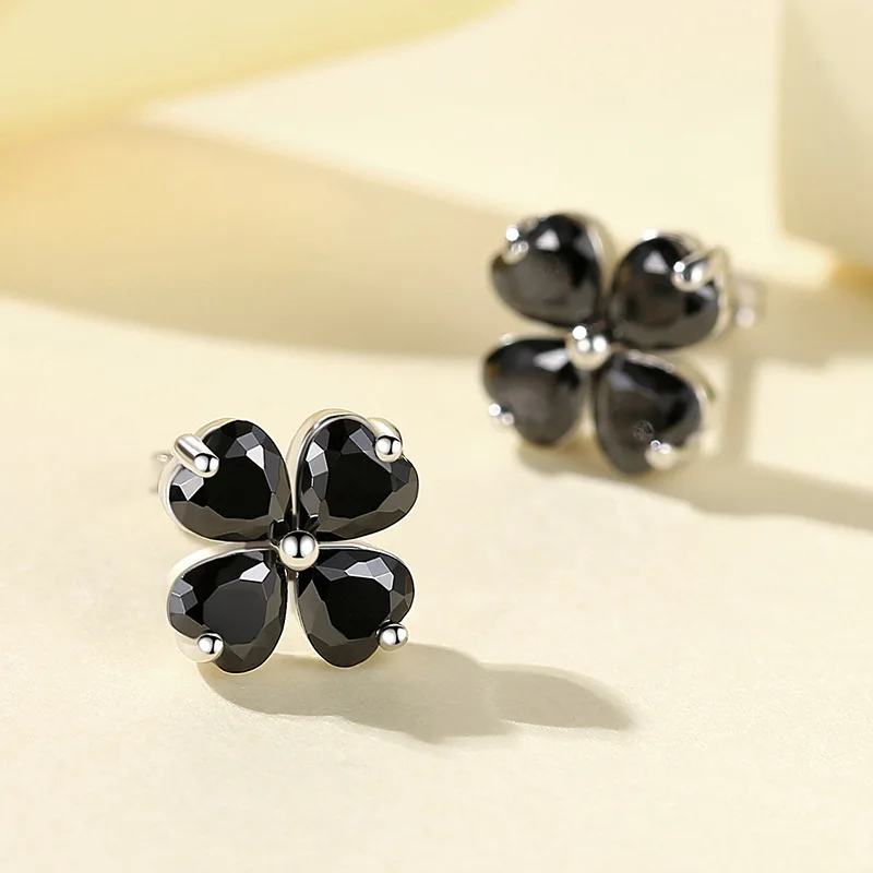 

S925 silver clover earrings, black lucky grass crystal design earring,Black Jewely versatile Earring women aretes para mujeres