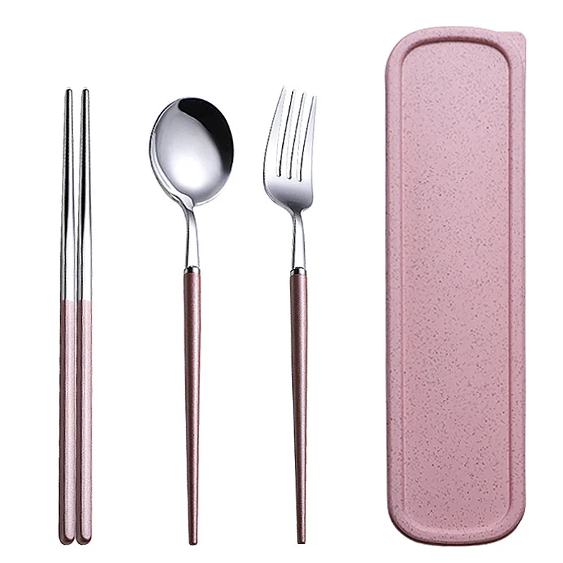 

China OEM Factory Wholesale 304 Stainless Steel Colorful Plated Fork Spoon and Chopsticks 3pcs Set Portable Tableware