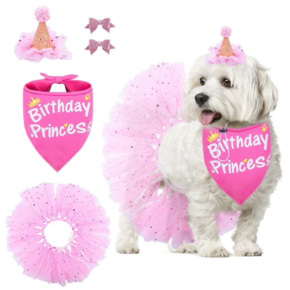 

Pink Lovely Design Dog Dress Luxury Celebration Pet Dog Birthday Bandana Set