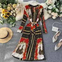 

Autumn Long Sleeves Elegant Women Dress Pleated French Vintage Charm Dresses