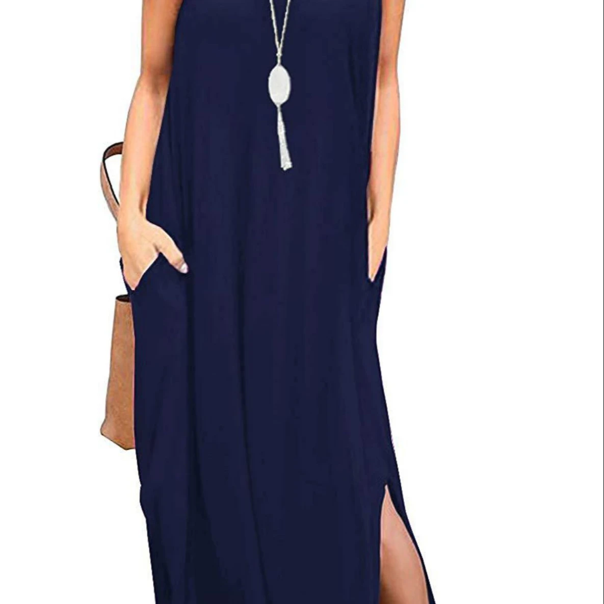 

2021 European and American hot style ladies V-neck solid color pocket casual sling dress