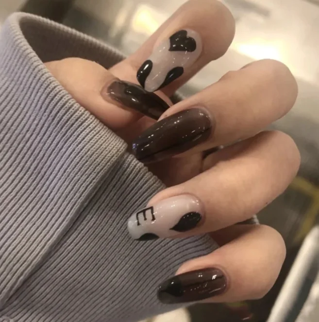 

Black hearts print short ballet nail detachable artificial fingernail