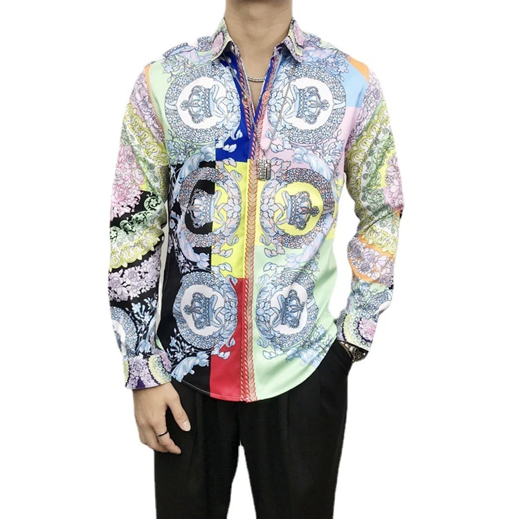 

2021 New men fashion shirt hot selling high quality 3D gold floral printed shirt men casual cool men long sleeve shirt