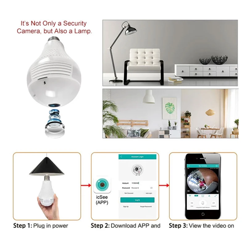 Hidden Bulb Fisheye Camera Night Vision 360 Panoramic Camera Blubs P2p