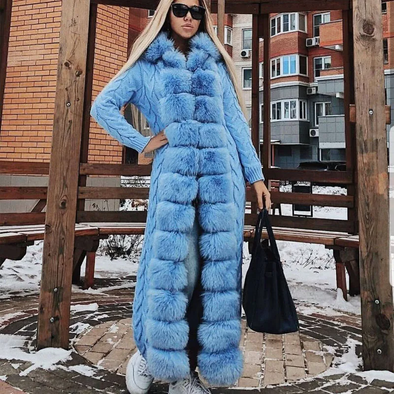 

Autumn Warm Hooded Cardigan Sweater Women Ladies Real Fox Fur Long Coat