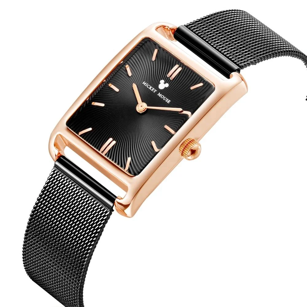 

Fashion Custom Design Black Mesh Band Rose Gold Oblong Shape Watch for Lady
