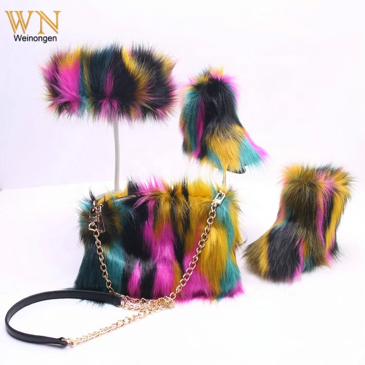 

2021 Winter Furry rainbow shoes rainbow warm women set bag fur boots and matching headbands purse purses handbags handbag, As pictures or custom