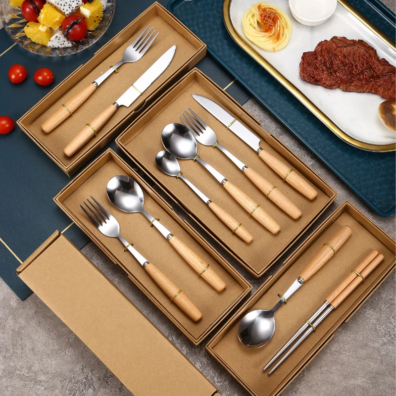 

Eco-friendly Wooden Handle Cutlery Set Stainless Steel Fork Knife Spoon Set Wooden Portable Travel Picnic Spoon Fork Chopsticks