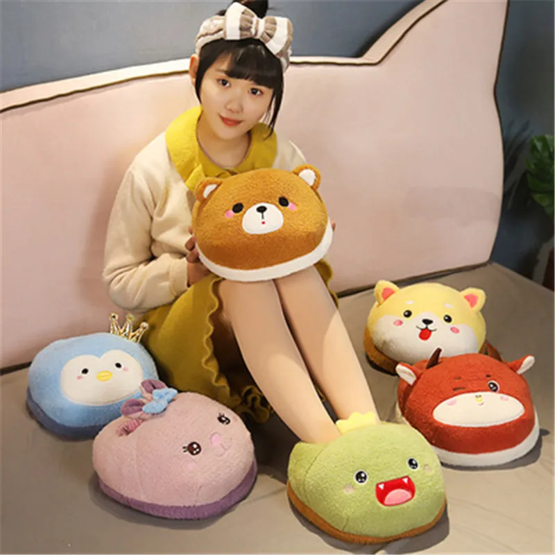 

Cute Plush Cartoon Animals Shaped Heating Foot Warmer Penguin Rabbit Bear Dinosaur Winter Office Home Floor Warm Gifts Slippers, As the picture display