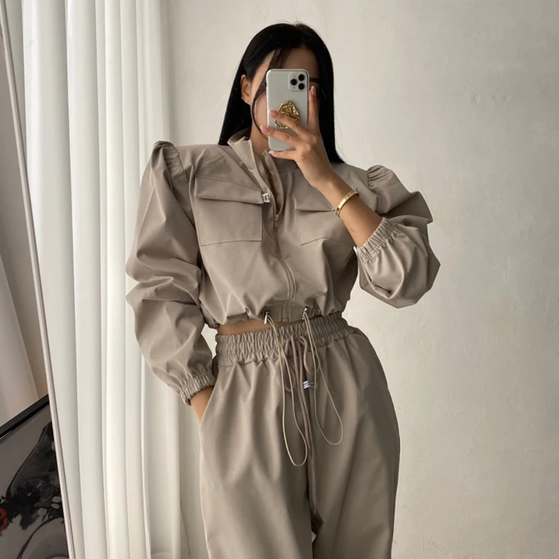 Wholesale 2026 Spring Temperament Standing Neck Drawcord Waist Long Sleeve Coat High Waist Loose Casual Pants Women's Suit