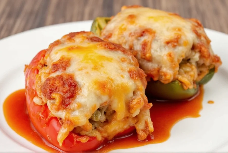 Finished baked stuffed peppers with rice and melted cheese served on white plate