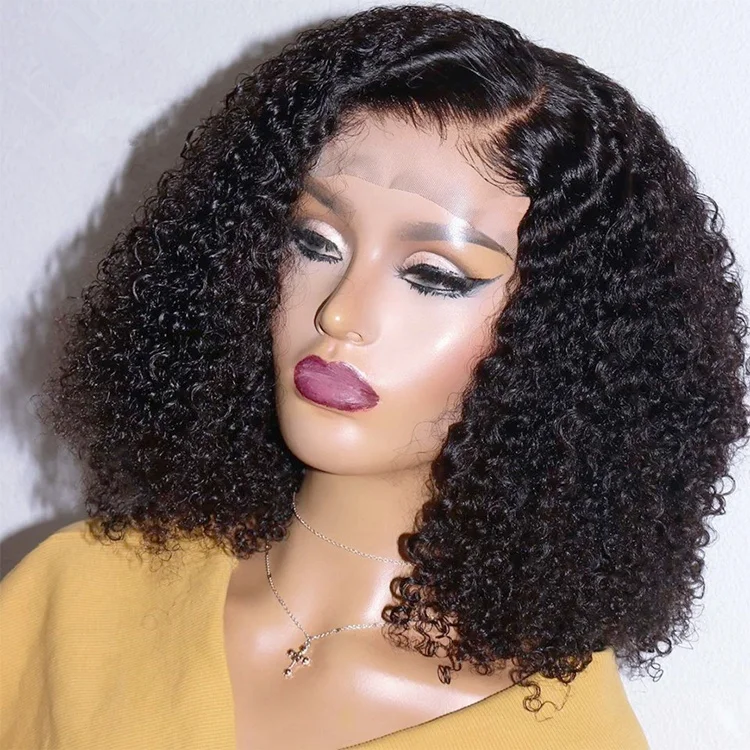 

Double Drawn 250% Density Afro Kinky Curly Bob Wigs Raw Cambodian Cuticle Aligned Hair Lace Front Wig