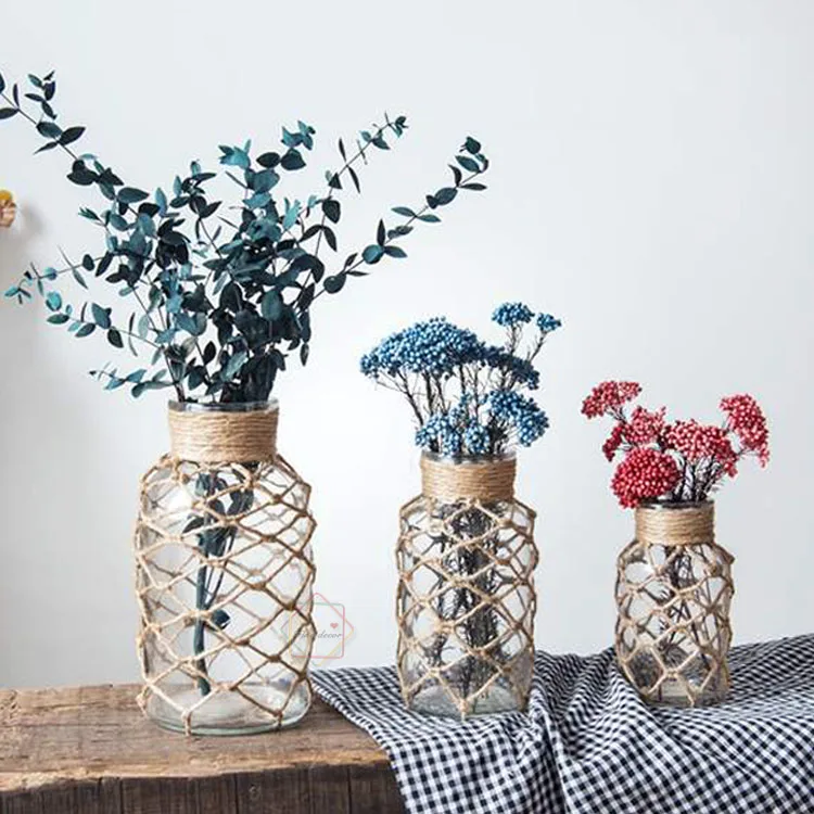 

jute rope weaving glass jar fishnet wrapper jar vase vintage style vase home decoration, Different colors