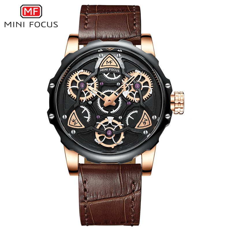 

MINI FOCUS 0249 G Genuine Leather Strap Men Wrist Quartz Watch Personalized Hollow Dial Sport Watch for Men