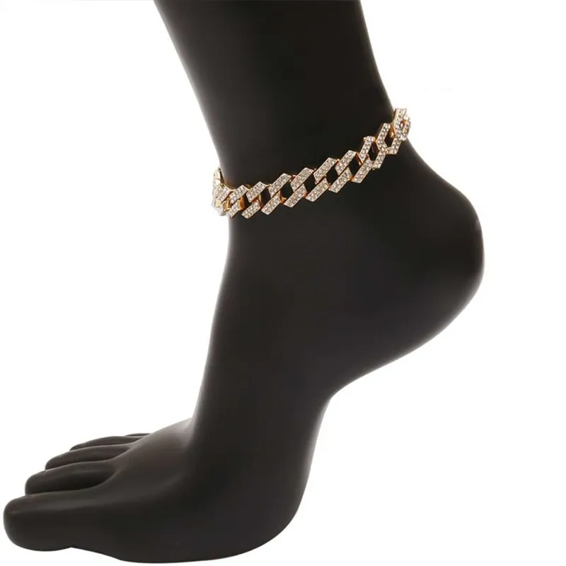 

Adjustable Hip Hops Iced Out Gold Pink Siver Black 4 Colors Cuban Link Anklet, Picture shows