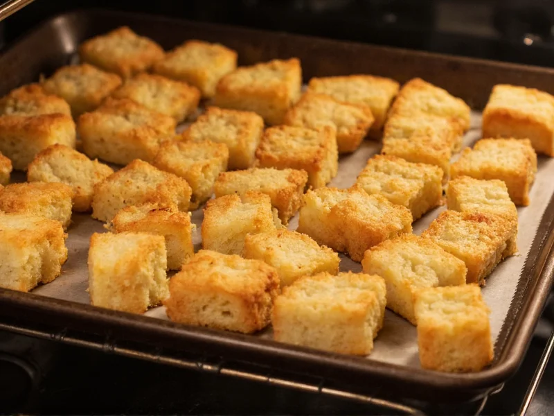 Homemade croutons baking in oven on sheet pan