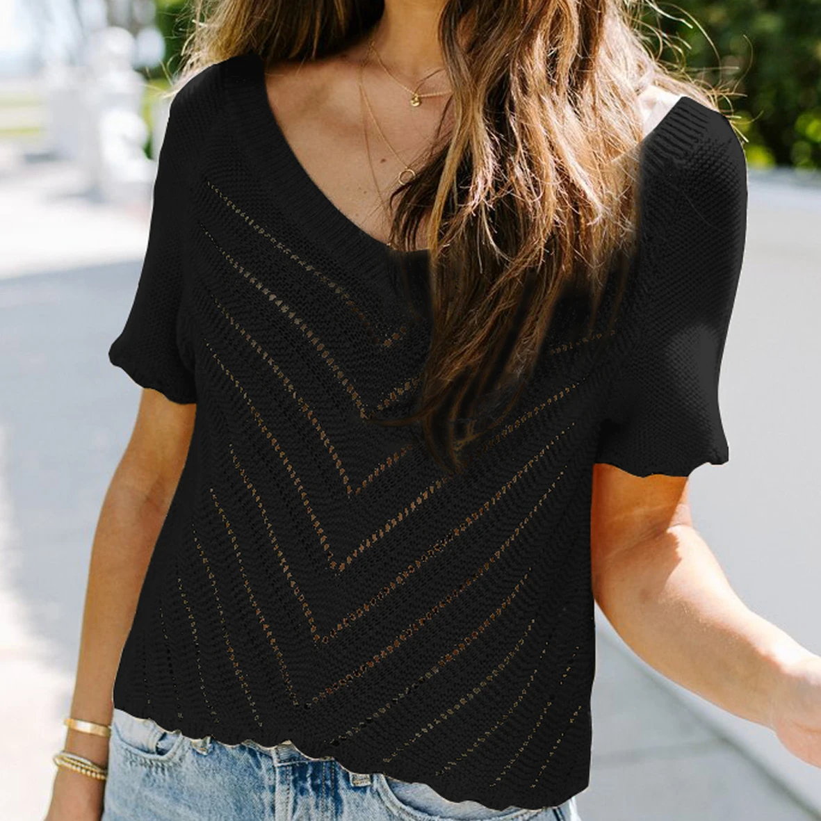 

SD209 Tops & Tees Black V Neck Eyelet Knitted Top with Scalloped Trims