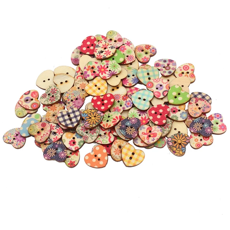 

Heart-shaped wooden buttons children cartoon clothing buttons 100 pcs / bag, As picture shown