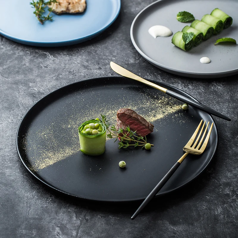 

Factory direct hot selling Matte black nordic restaurant porcelain dishes ceramic dinner flat plates For Restaurants and Hotels, Optional