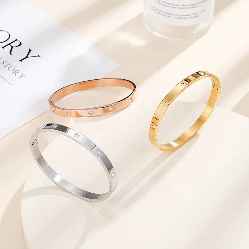 

Classic diamond-studded gold unfading women men stainless steel bangle, Gold/silver/rose gold