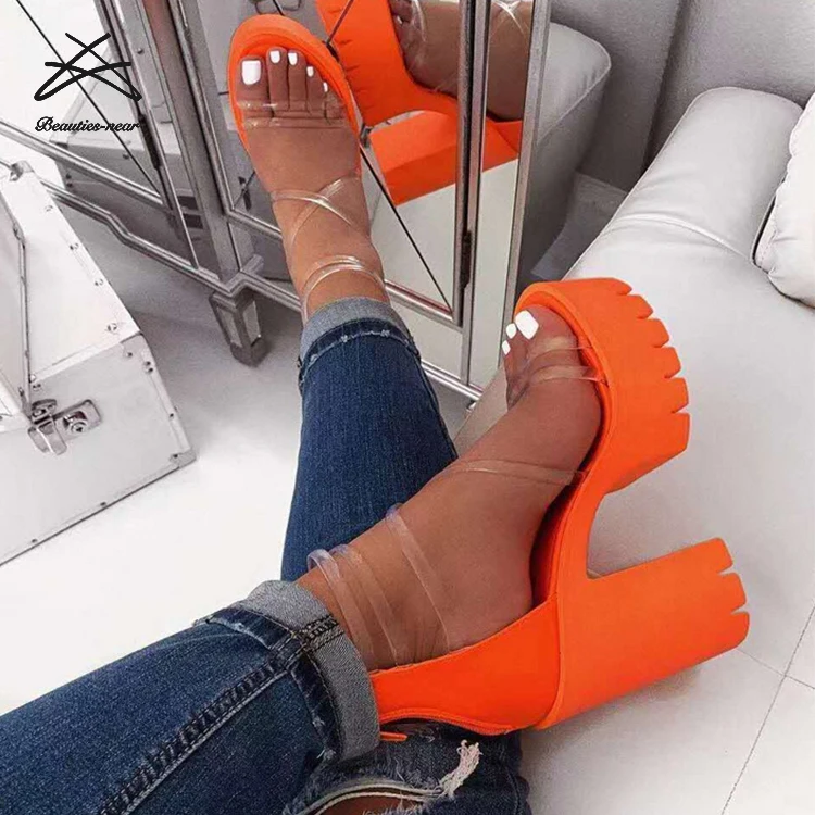 

New design women platform transparent cross strap zip block high heel party dress shoes lady summer high heel sandals, Black,white,orange