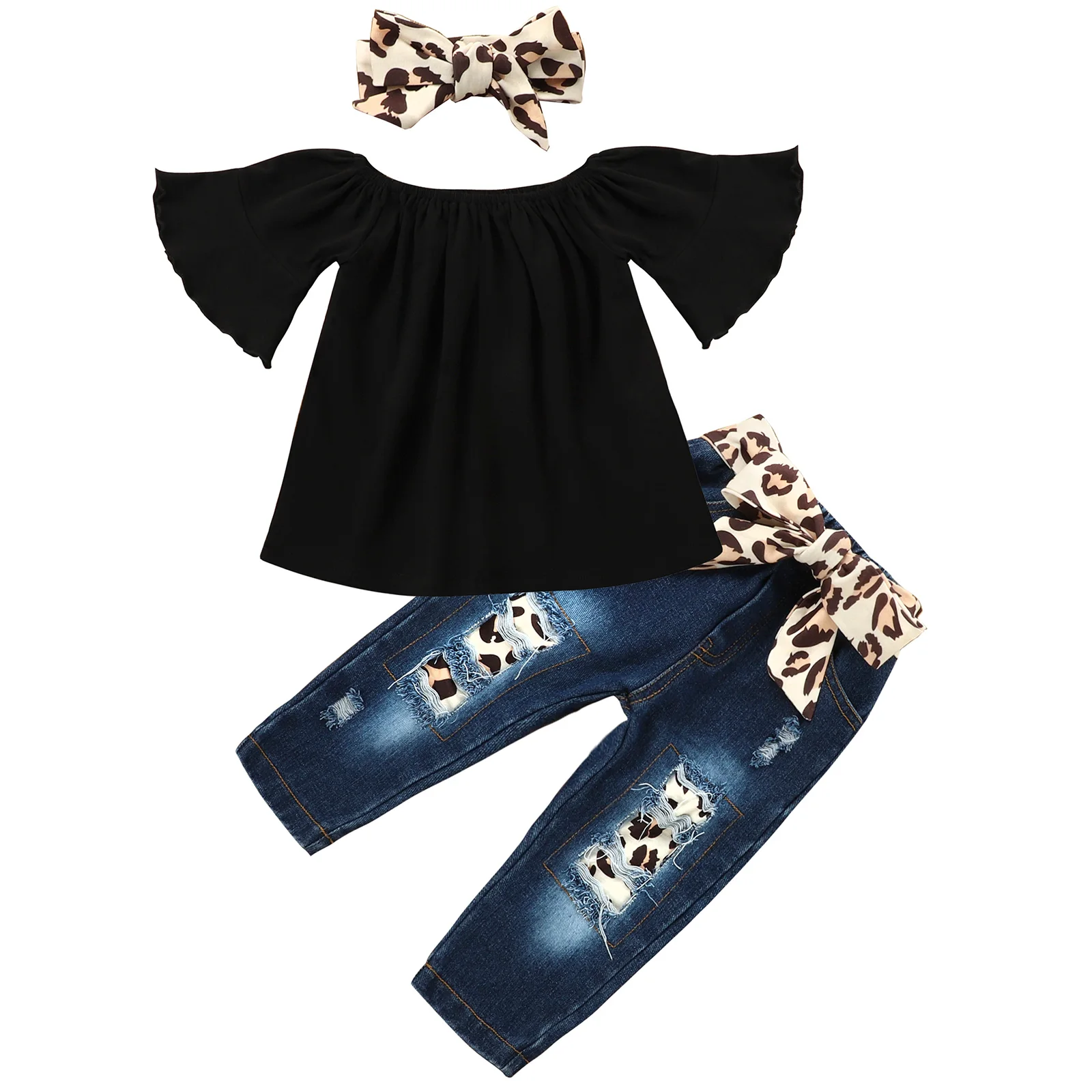 

Kids Clothing Baby Clothes Horn Cuff Denim Trousers Leopard Print Cotton Baby Clothes Set