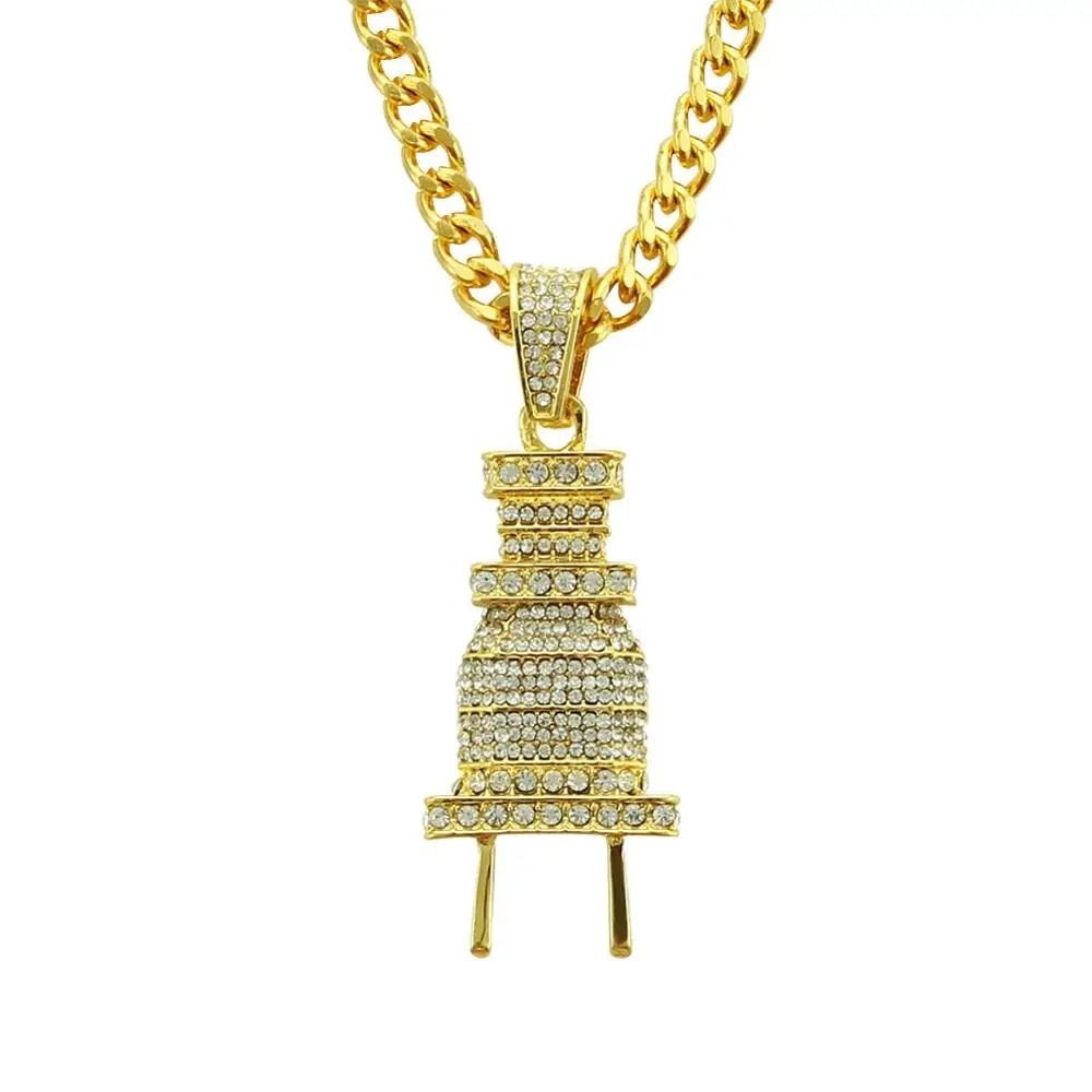 

Hip Hop Rap Plug Iced Out Rhinestone Pendant Men's Gold Plated Necklace, As shown in the picture