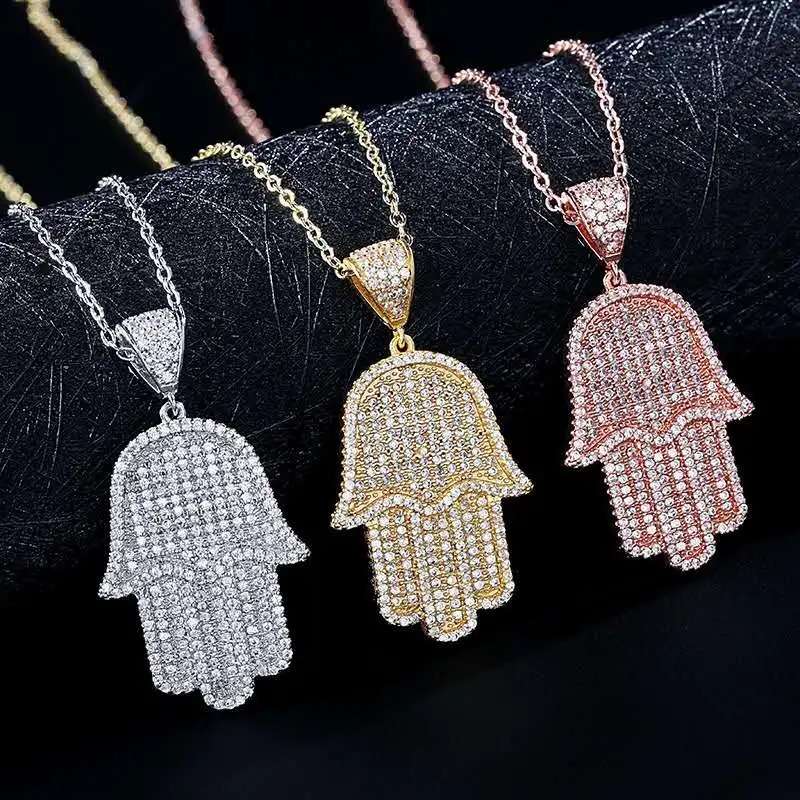 

Jialin Jewelry Pave white stone pendant hamsa hand necklace