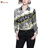 

Abundant in-stock autumn new fashion slim turn down collar long sleeve digital stripe printed office wear fashion women top
