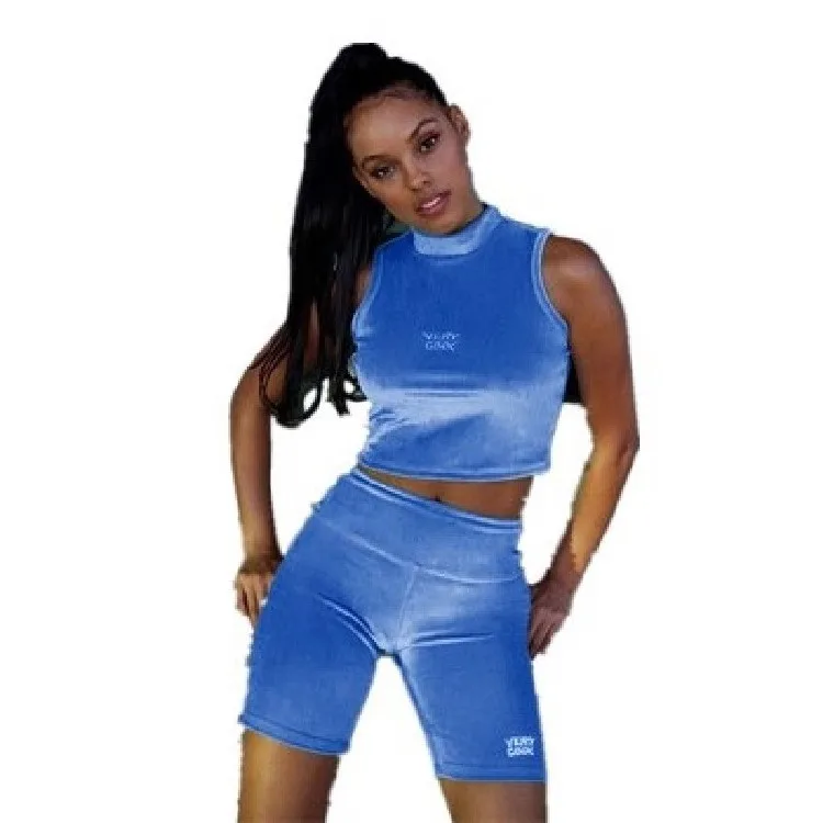 

Europe and America 2021 summer yoga sports fitness suit female suede sleeveless vest shirt shorts suit, As pic shown and support oem