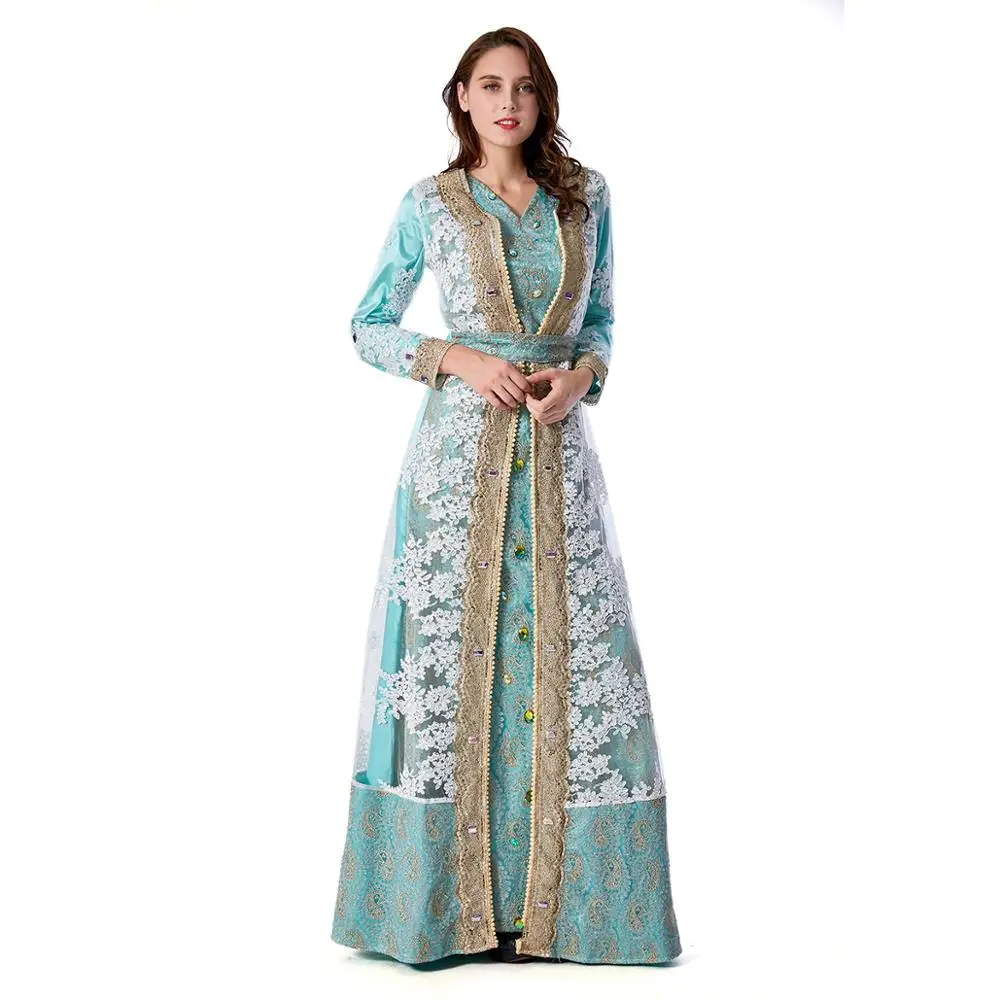 Muslim Kabaya Golden White Embroidery Two-Piece Satin Shiny Mixed Color Crystal Kaftan Jalabiya Arab Style Party Dress