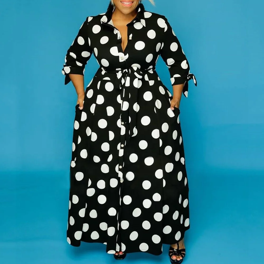 

Women Fall Dots Plus Size Black Long Sleeve Casual Dress Plus Size Dress