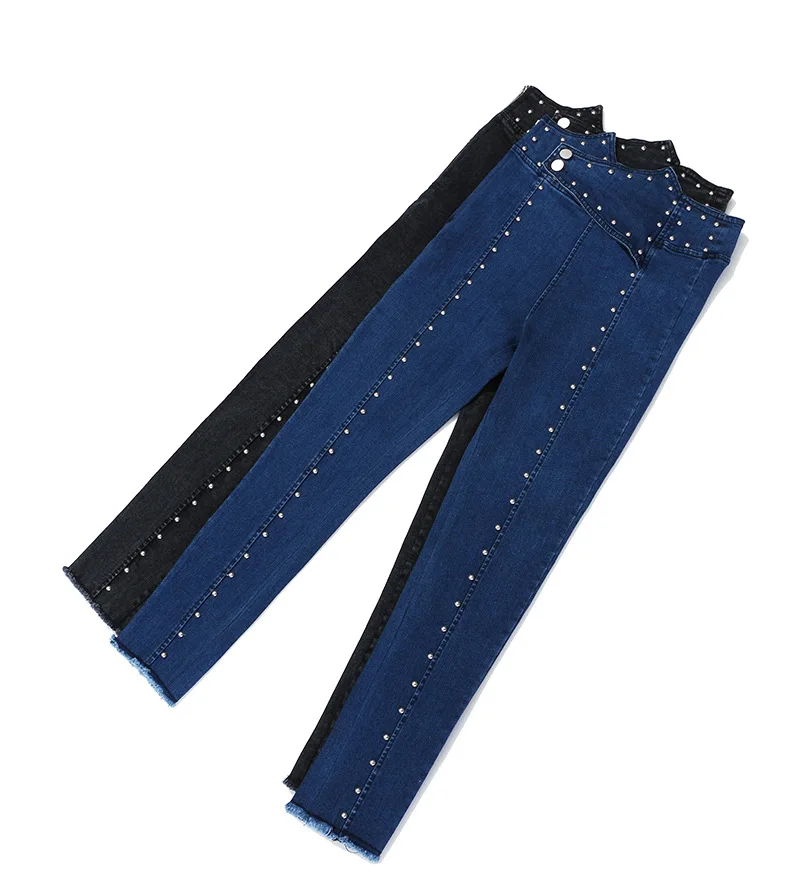 

2020 New Style Button Beads Denim Pencil Pants For Ladies High Waist Jeans Women, Blue/black