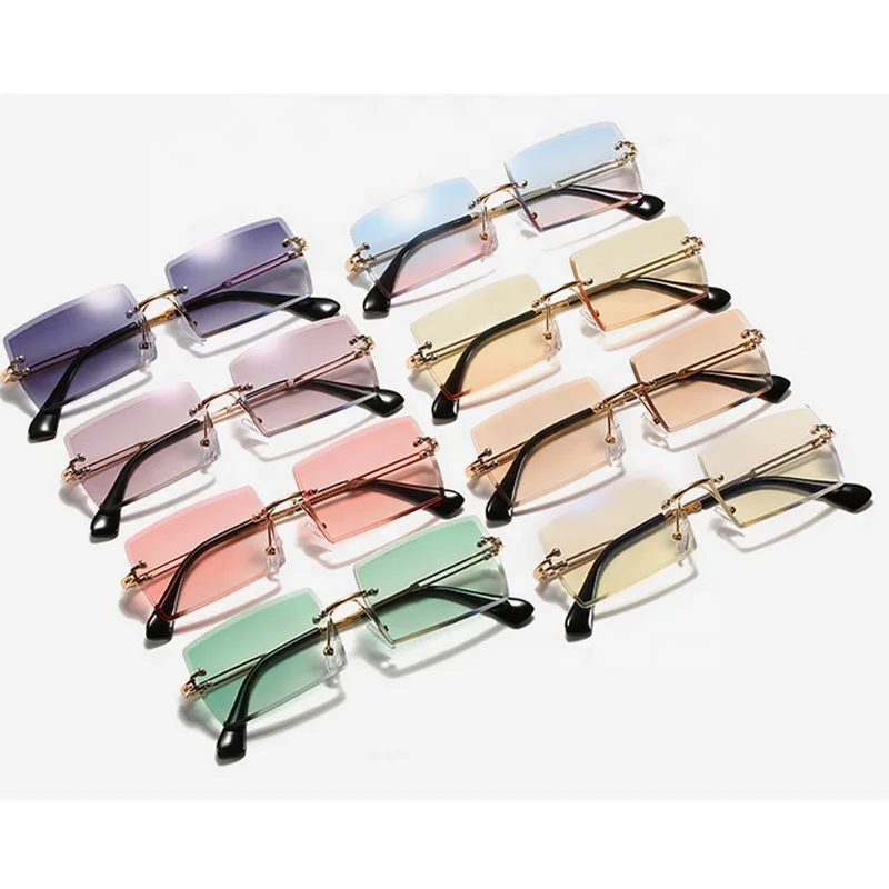 

2021 New hot selling small rectangle frameless sun glasses women low MOQ square ladies retro metal fashion sunglasses, 8 colors