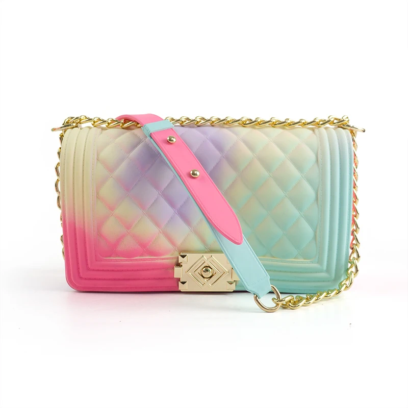 

Rainbow Matte Colorful PVC Jelly Chain Bags Plaid Multicolor Crossbody Purse Handbag, Any color