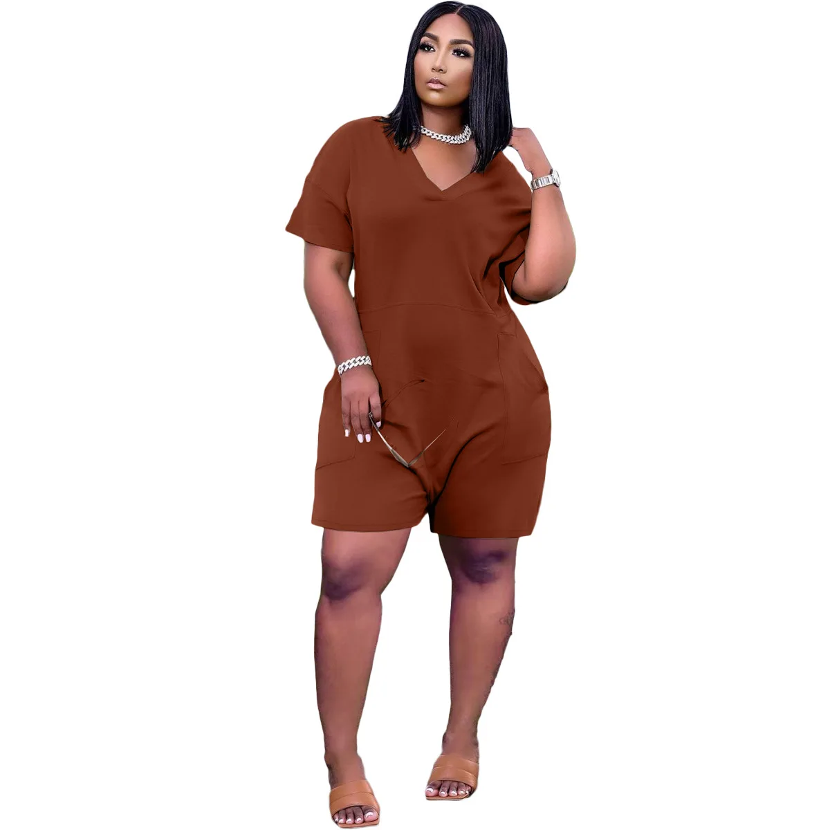 

custom logo summer clothing 10colors solid casual loose sportwear pocket ladies one piece jumpsuit