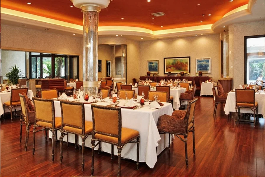 Saffron Austin restaurant interior showing modern Indian decor with traditional elements, warm lighting, and dining tables